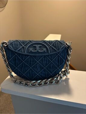 Tory Burch Quilted Denim Crossbody Bag with Chunky Chain